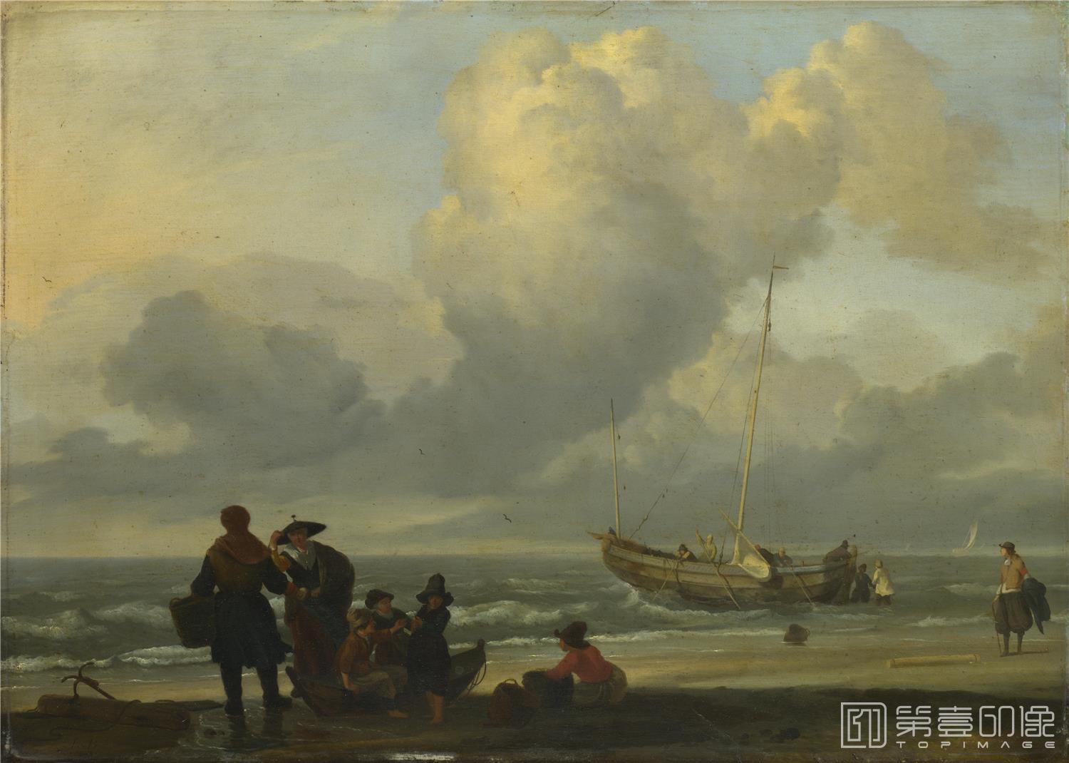 油画-大英博物馆藏画-Ludolf Bakhuizen - A Beach Scene with Fishermen-1649